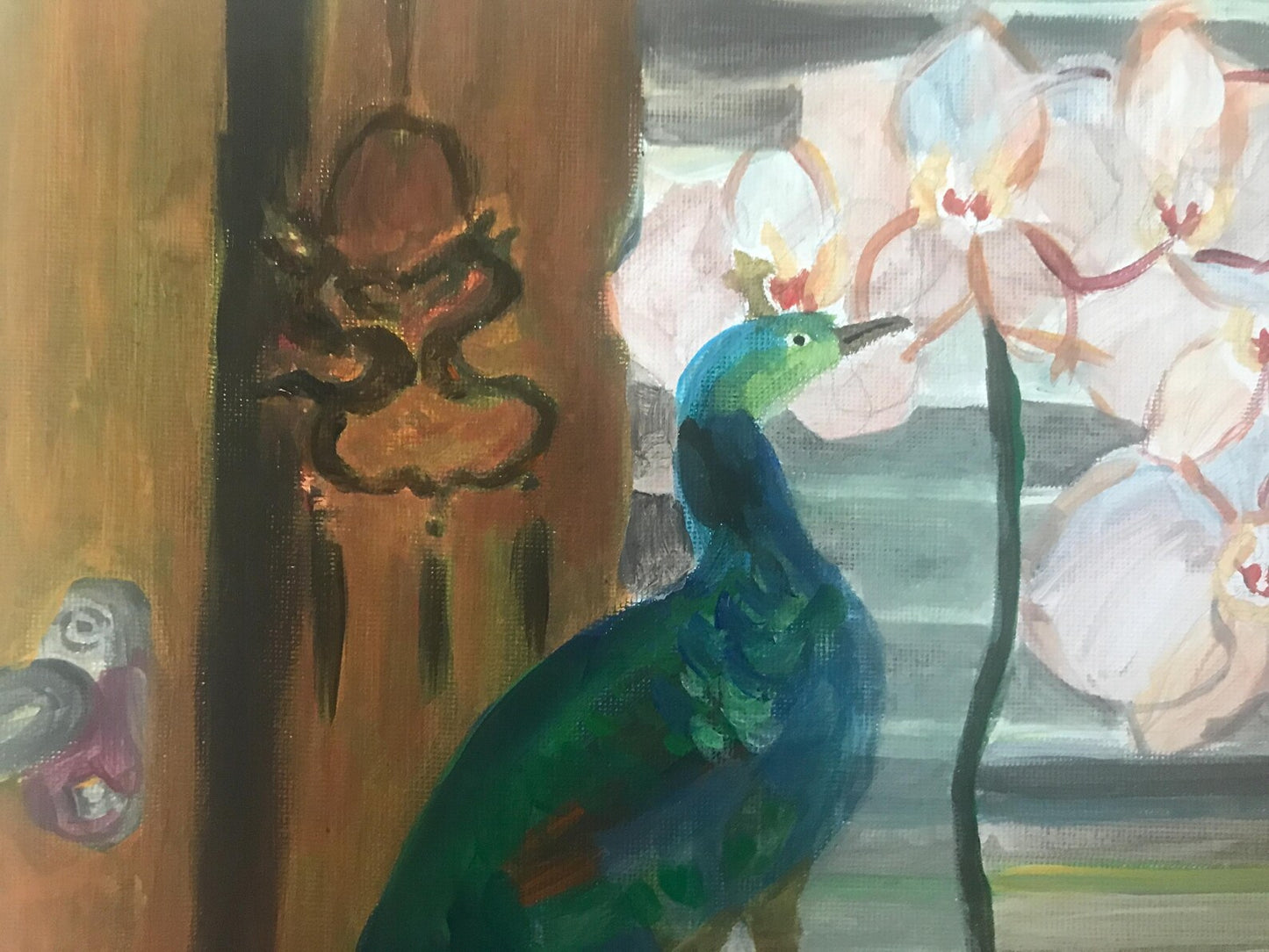 Painting of a peacock and orchids with a wooden panel background