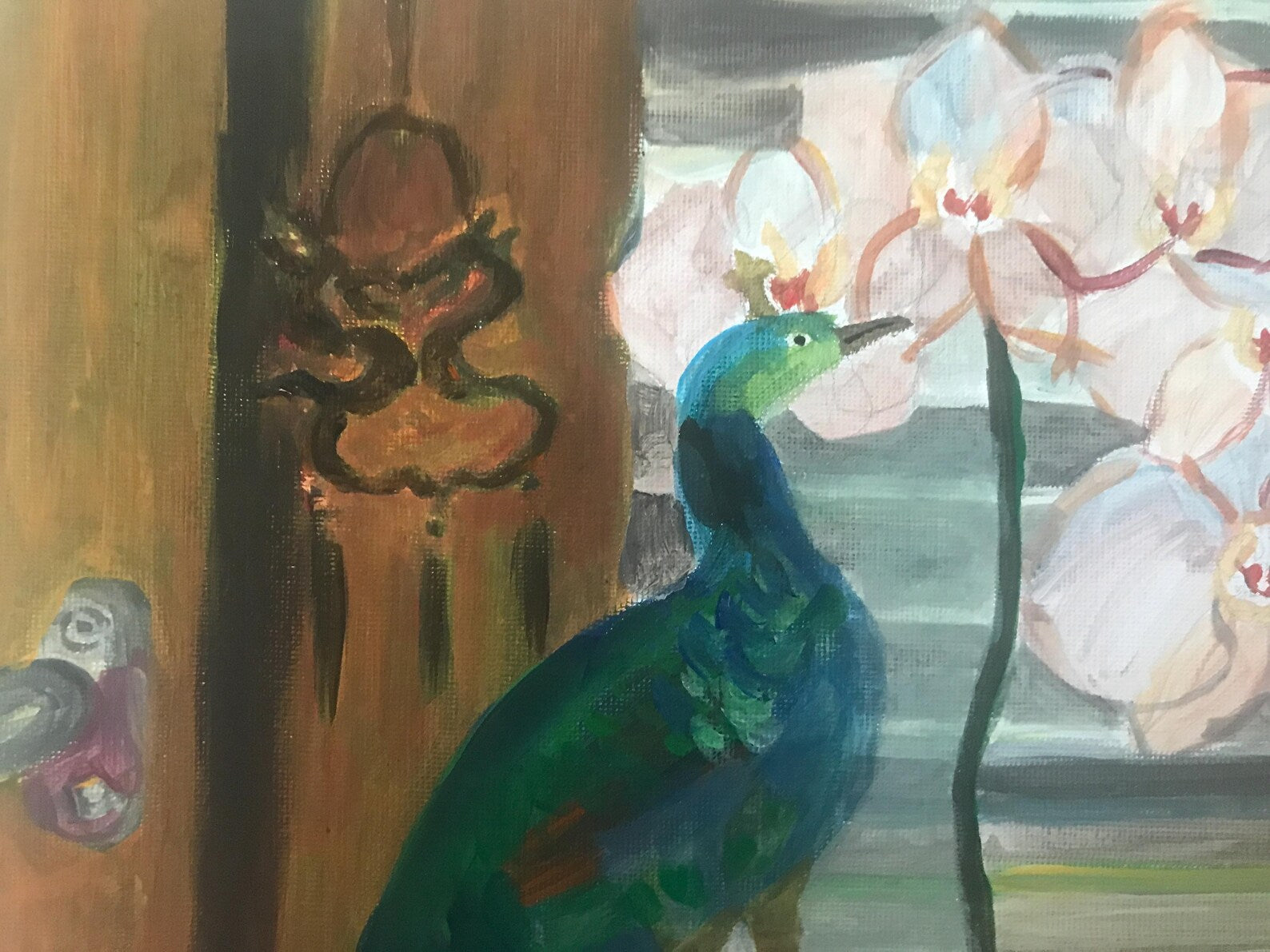Painting of a peacock and orchids with a wooden panel background